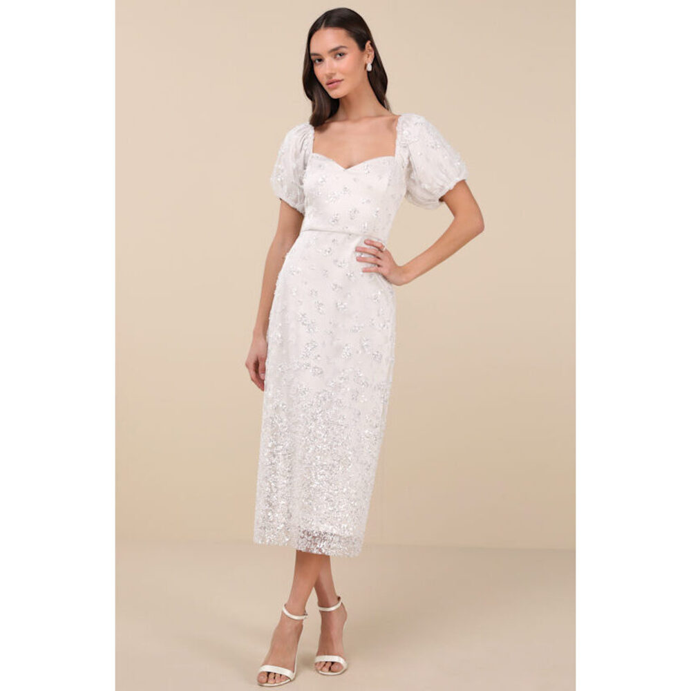 NWT Lulus Glorious Poise Ivory Sequin Pearl Puff Sleeve Midi Dress, S